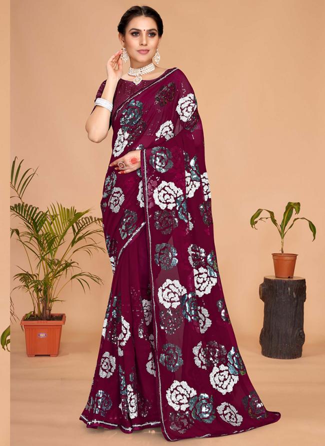 Georgette Wine Wedding Wear Embroidery Work Saree